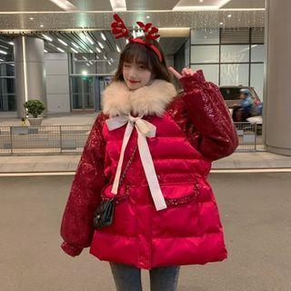 Furry Hood Sequin Padded Coat
