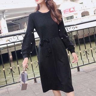 Faux Pearl Accent Long-sleeve Midi Knit Dress