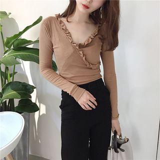 Frill Trim V-neck Long-sleeve Knit Sweater