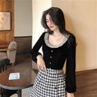 Lace Trim Blouse / Long-sleeve Midi A-line Dress