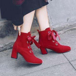 Block Heel Velvet Lace-up Short Boots