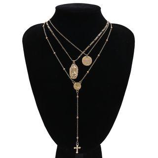 Alloy Embossed Disc Pendant Y Layered Necklace