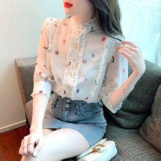 Elbow-sleeve Frill Trim Print Blouse