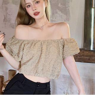 Short-sleeve Off Shoulder Blouse Khaki - One Size
