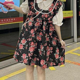 Sleeveless Floral A-line Dress / Short-sleeve Blouse