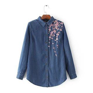 Floral Embroidered Long-sleeved Denim Open-front Blouse