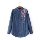 Floral Embroidered Long-sleeved Denim Open-front Blouse