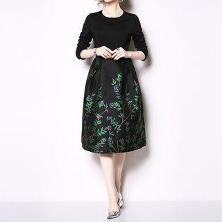 3/4-sleeve A-line Jacquard Dress