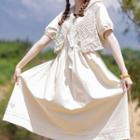 Set: Short-sleeve Plain Midi Dress + Knit Button-up Vest