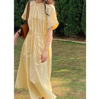 Ruched Short-sleeve Maxi A-line Dress