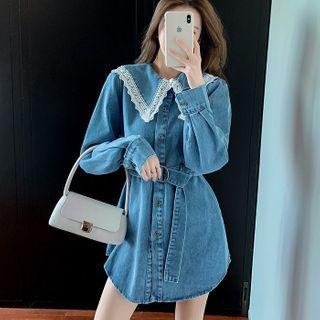 Long-sleeve Lace Trim Denim Mini Shirtdress Blue - One Size