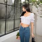 Square-neck Floral Ruffle Cropped Top