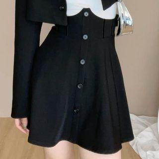Single-button Cropped Blazer / Button-up Mini A-line Skirt