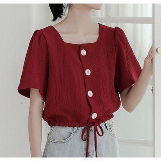 Short-sleeve Square-neck Plain Drawstring Blouse Wine Red - One Size