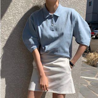 Elbow-sleeve Placket Top Blue - One Size