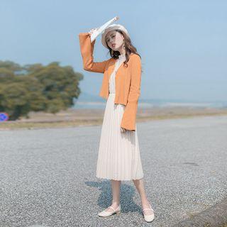 Set: Bell-sleeve Cardigan + Long-sleeve Midi Pleated Dress