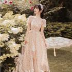 Short-sleeve Square-neck Floral Print Split Midi Dress
