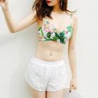 Set: Floral Print Bikini + Off-shoulder Top + Shorts