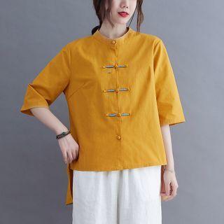 Elbow-sleeve Frog-button Plain Blouse