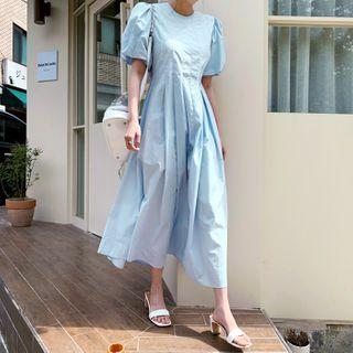 Puff-sleeve Pleated Maxi Flare Dress