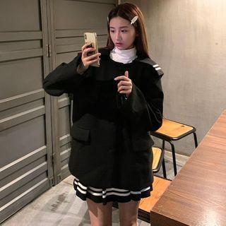 Sailor Collar Single Breasted Coat / High-waist Striped Pleated Skirt