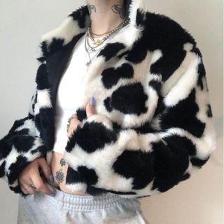 Milk Cow Print Furry Zip-up Jacket