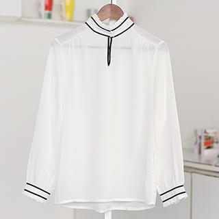 Mandarin Collar Ruffle Chiffon Blouse White - One Size