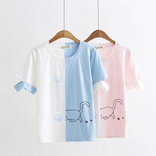 Short-sleeve Cat Print Panel T-shirt