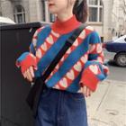 Mock Neck Heart Embroidered Color Block Knit Top As Shown In Figure - One Size