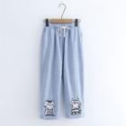 Cat Embroidered Striped Straight Cut Pants