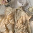 Ruffle Trim V-neck Crinkled Long-sleeve Blouse