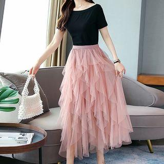 Set: Square-neck Short-sleeve T-shirt + Mesh Midi A-line Skirt