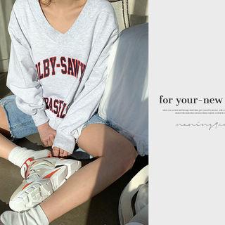 V-neck Dip-back Lettered Pullover Melange Gray - One Size