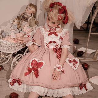 Puff-sleeve Heart Print A-line Dress / Arm Sleeveless / Choker / Set