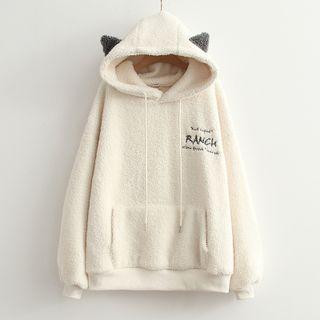 Lettering Cat Ear Fleece Hoodie