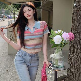 Striped Cropped Polo Shirt Plaid - One Size