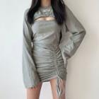 Set: Long-sleeve Applique Cropped T-shirt + Spaghetti Strap Drawstring Mini Sheath Dress
