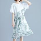 Leaf Print Short-sleeve Chiffon Dress