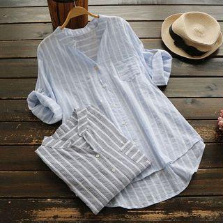 Stand Collar Striped Blouse