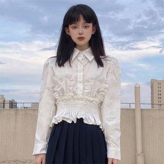 Puff-sleeve Plain Shirred Cropped Shirt