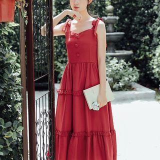 Frilled Trim Spaghetti Strap Midi A-line Dress