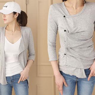Button-side Shirred Slim-fit Cardigan