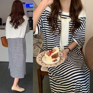 Set: Elbow-sleeve Striped Midi Dress + Shawl