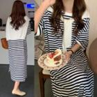 Set: Elbow-sleeve Striped Midi Dress + Shawl