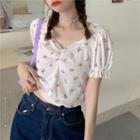 Short-sleeve Floral Cropped Top Pink - One Size