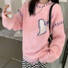 Long-sleeve Heart Printed Knit Sweater Pink - One Size