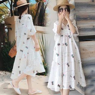 Set: Elbow-sleeve Floral Print Midi A-line Dress + Slipdress