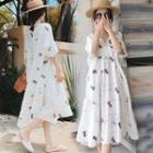 Set: Elbow-sleeve Floral Print Midi A-line Dress + Slipdress