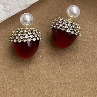 Faux Pearl Rhinestone Dangle Earring 1 Pair - Red & Gold - One Size