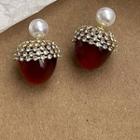 Faux Pearl Rhinestone Dangle Earring 1 Pair - Red & Gold - One Size